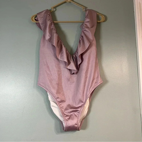 New PINK Victorias Secret Dreamy Lilac Shine Ruffle Deep V One Piece Swim Suit L - Picture 1 of 7